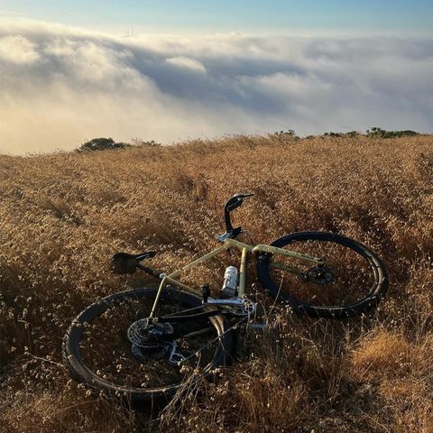 Yellow gravel bike viewing San Francisco fog.